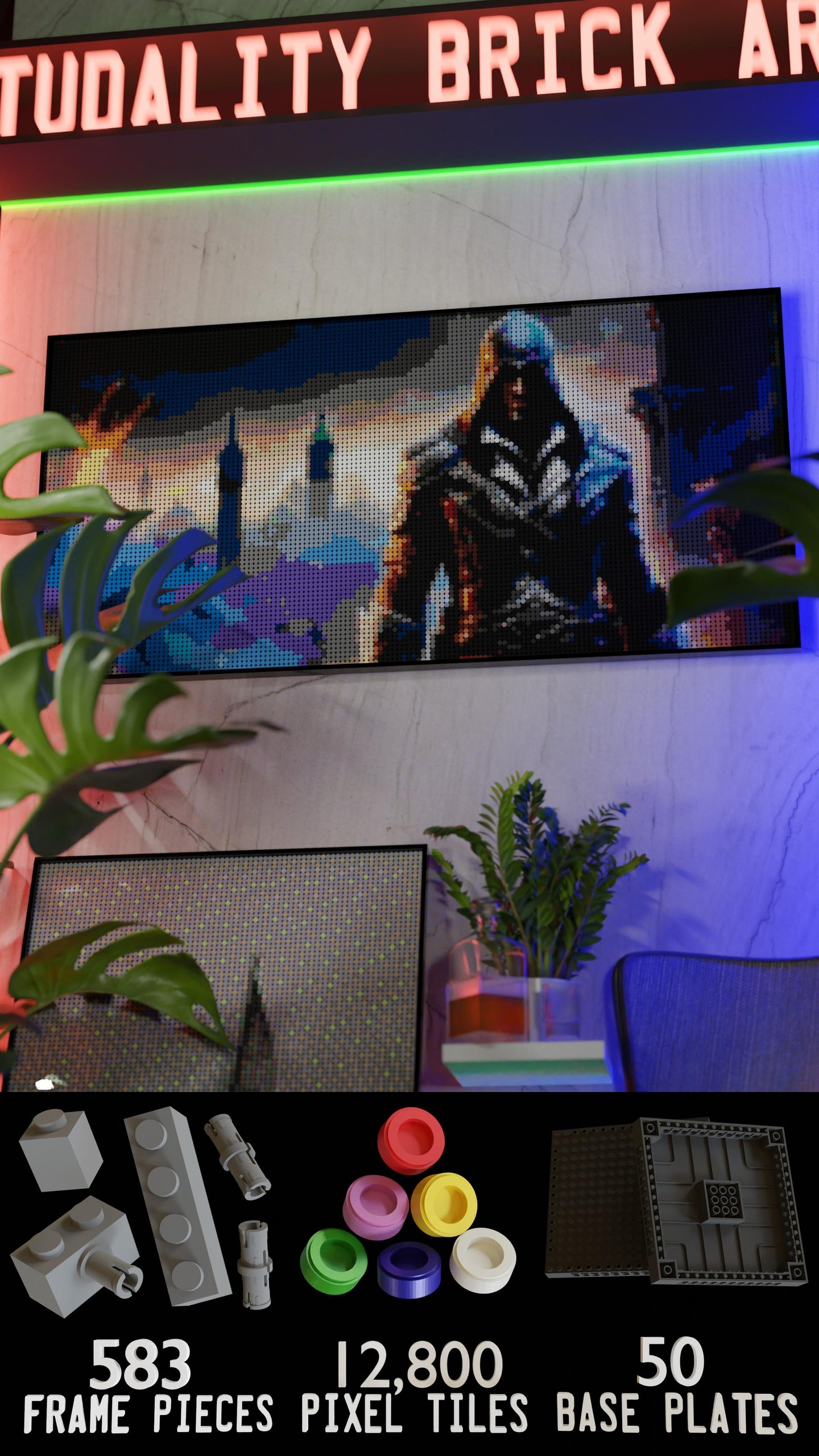 Assassins Creed LEGO® Style mosaic wall art made from colorful plastic bricks